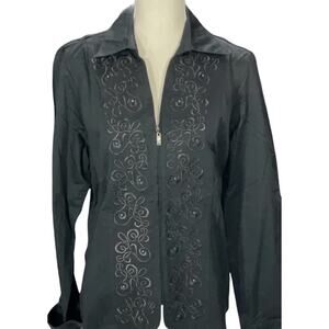 Christine Alexander Shirt Size S Black Zip Up Embellished Long Sleeves FLAW